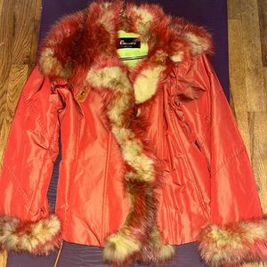 Gallotti Shearling Red-orange & Lime Green Fur Trim Coat size 44 M
